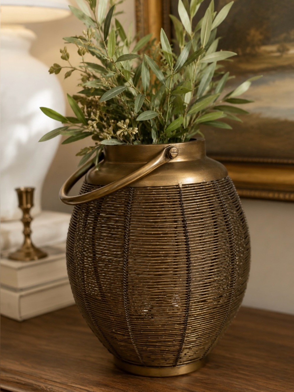 Woven Brass Lantern - hefty, intricate lantern for faux flowers or candles